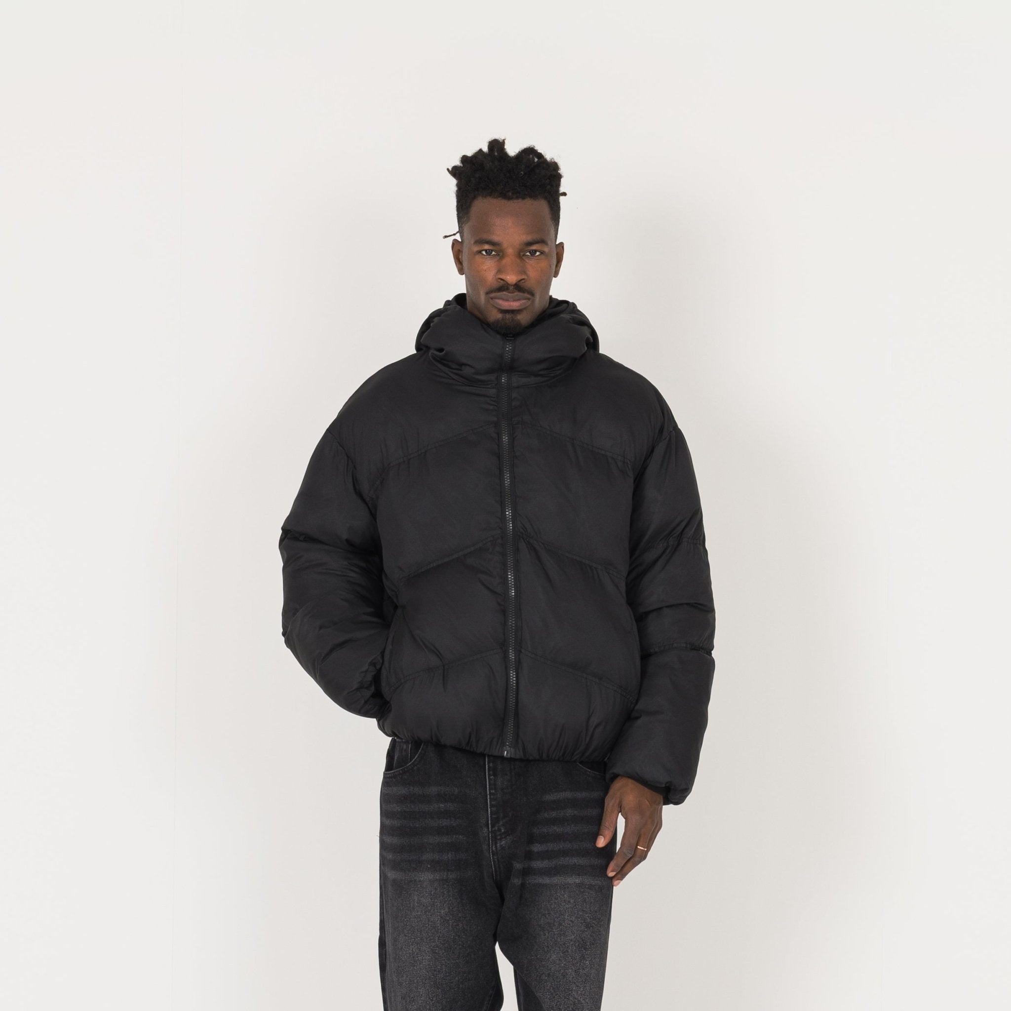 Model view of Destructive Insulated Black Puffer Jacket